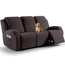 VANSOFY Recliner Sofa Covers, 8-Pieces Stretch Recliner Couch Cover Soft Jacquard Reclining Slipcover Furniture Protector with Elastic Bottom for Kid, Pets (3 Seater,Chocolate)