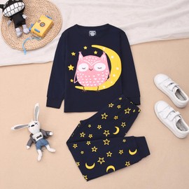 Codkkre Girls' Unicorn Children's Pyjamas Cotton Long Sleeve Winter Pyjamas Two Piece Size 3-13 Years, Navy/Owl