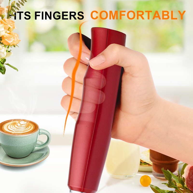 YUSWKO Red Milk Frother Handheld with 3 Heads, Coffee Whisk