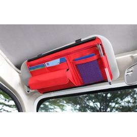 Qric Car Sun Visor Organizer, Leather Storage Pocket Sun Visor Pouch for Cards License Registration Pen Glasses Document, Fits Most Car SUV, Truck, Auto Interior Accessories for Men Women (Red)