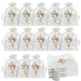 HFYZZ 40 Pcs Easter Satin Religious Gift Bags - 4 x 6 Inch He Is Risen Christian Goodie with Drawstring for Church Sunday School Easter Party Favor