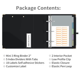 Ospelelf Mini 3 Ring Binder 2 Inch With 5 Tab Dividers, File Folder Labels and Low Profile Clipboards - Cute Black for 5.5" x 8.5" School and Office Supplies