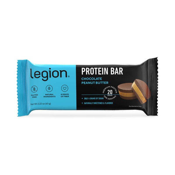 Legion Chocolate Peanut Butter Protein Bar - 100% Whey Protein Bars Low Sugar High Protein with Prebiotic Fiber - Soy-Free, Gluten Free, Naturally Flavored, Low Fat, High Protein Bars (12 Count)