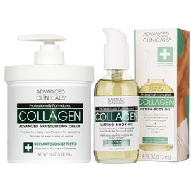 Advanced Clinicals Set crema antienvejecimiento con colágeno y aceite corporal de colágeno. Crema grande de 473,6 g para cara y cuerpo y aceite corporal de 113,4 g para reafirmar y