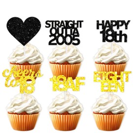 18pcs Black Gold Glitter Dessert Cupcake Pick for Straight Outta 2005 Cheer to 18 Years Old Theme Decor Supplies Happy 18th Birthday Party Decoration
