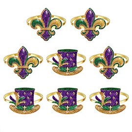 Napkin Rings Set of 8, Rhinestone Heart Shamrock Fleur De Lis Napkin Rings for Table Place Setting Gold Napkin Holder for Valentine’s Day St.Patrick’ Day Mardi Gras Holiday Table Decor (Style E)