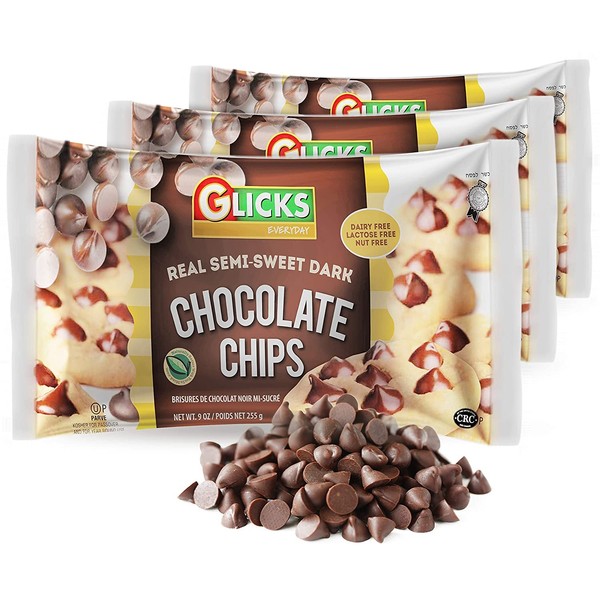 Glicks Real Dairy Free Semi-Sweet Chocolate Chips 255g (Pack of 3) | Vegan, Nut Free, Gluten Free, Lactose Free, Kosher for Passover