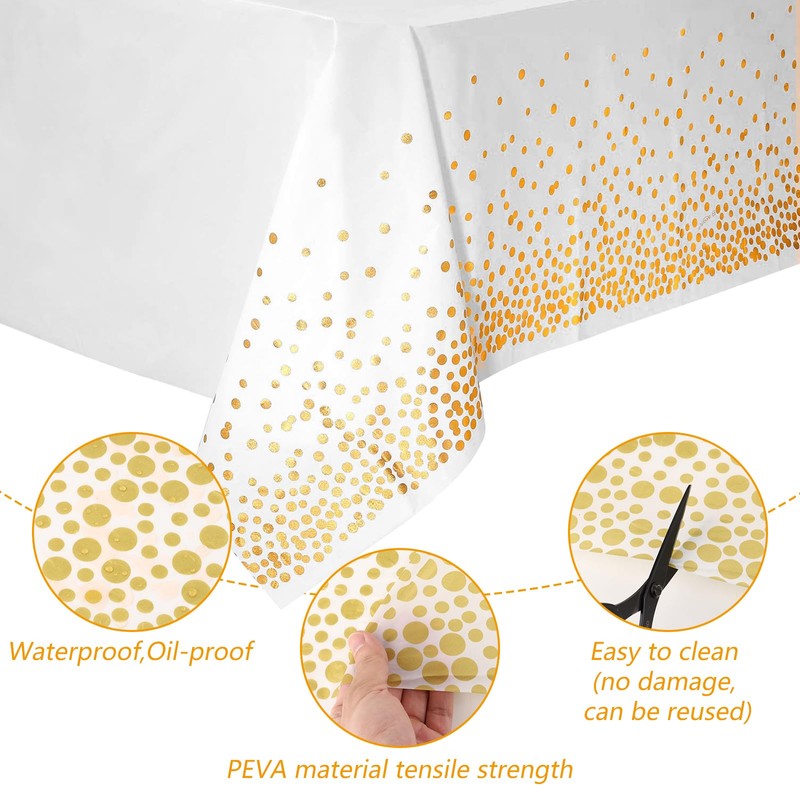 Pack of 10 Disposable Tablecloths, White with Gold Polka Dots,