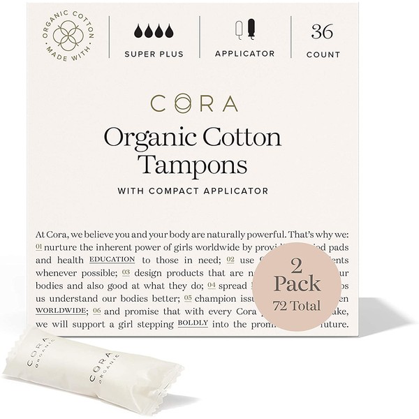 Cora Organic Cotton Unscented Tampons with BPA-Free Plastic Compact Comfort Applicator - Chlorine, Chemical & Toxin Free, Leak Protection, Easy Application | Super Plus Absorbency (72 Count)