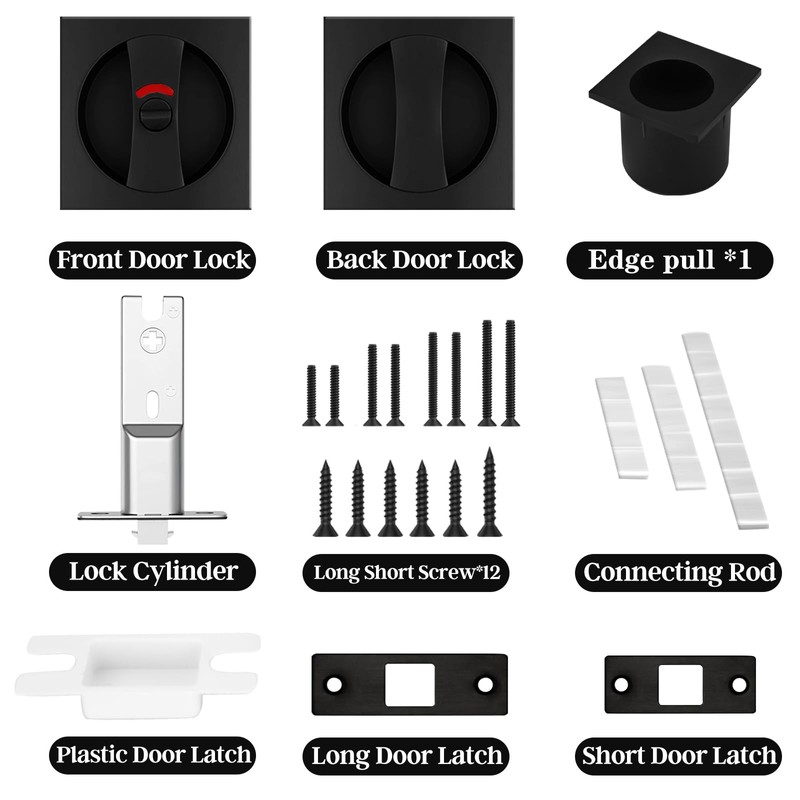 KIDOACOW Black Pocket Door Lock with Edge Pull, Red-Green Indication
