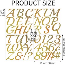 12 hojas de pegatinas de letras grandes - 7,6 cm de letras escritas a mano, de purpurina dorada, vinil autoadhesivo, alfabeto, números, pegatinas adhesivas para pegar en letras para manualidades