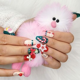 Christmas Santa handmade nail tips - Almond M / 크리스마스 산타 수제네일팁 - 아몬드M