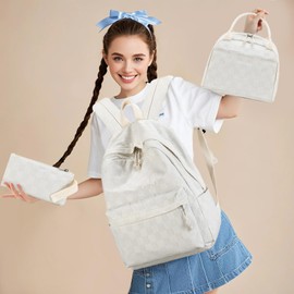 LEDAOU Kids Backpack for Girls Backpacks with Lunch Box, Lightweight Bookbag Set Elementary Middle School Back pack for 8-14 (Beige checkered)