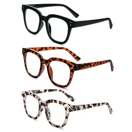 prtcslwd 3 Pack Oversized Reading Glasses for Women Men with round Frame Fashion Blue Light Blocking Computer Readers (Black/Brown Leopard/Grey Leopard, 1)