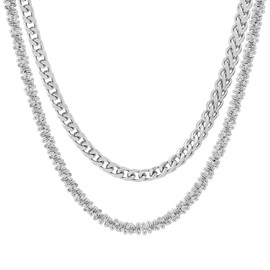 Steeltime Stainless Steel Franco Chain Link + Singapore and Cuban + Rope Double Chain Layered Necklace Stack (Singapore + Franco Chain, Silver)