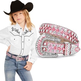 XZQTIVE Girl Rhinestone Belts, Kids Western Cowboy Cowgirl Children Belt with Diamond Crystal Waist Belts Bling Belt, Pink
