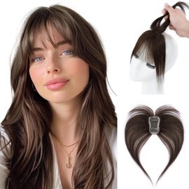 Rose bud 360°Cover Bangs Hair Clip in Bangs 100% Real Human Hair Topper Dark Brown Fringe with Temples Wispy Bangs Hair Pieces for Women