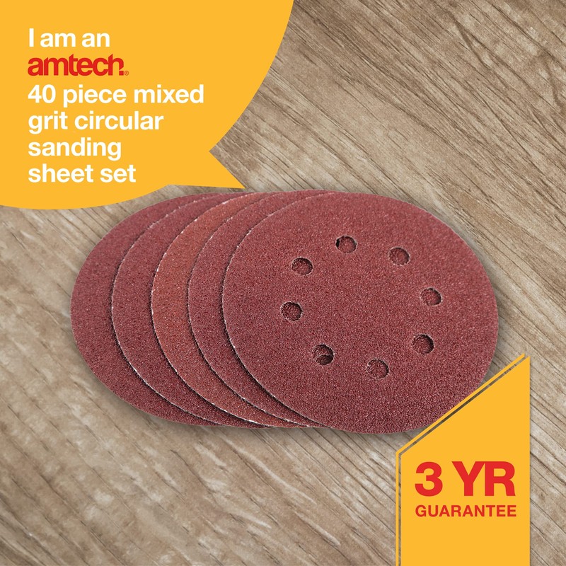 Amtech V4096 40 Piece Mixed grit Circular Sanding Sheet Set