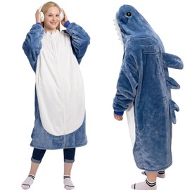 Waitu Shark Blanket Hoodie Funny Birthday Gifts for Women Men Boys Girls, Zipper Wearable Shark Hooded Blanket Cute Shark Costume Cozy Flannel Shark Sleeping Bag for Shark Lovers (Adult, Blue)