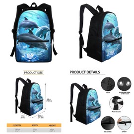 HELLHERO 4 IN 1 Adorable Dolphin Backpack for Girls School Bag with Insulated Lunch Box Pencil Case Boys Water Bottle Sleeve Kids School Backpacks Elementary Kindergarten Preschool Bookbag