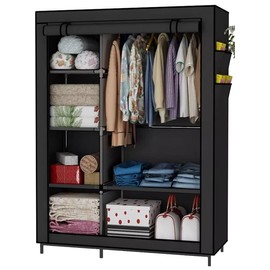 Livearty (TM) Portable Wardrobe Closet Clothes Organizer Non-Woven Fabric Cover with 6 Storage Shelves, 2 Hanging Sections and 4 Side Pockets，Black