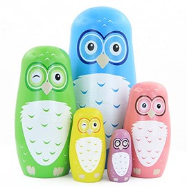 Boerni Set of 5 Cartoon Owl Wooden Nesting Doll Wooden Stacking Nativity Nesting Handmade Matryoshka Doll for Kids Birthday Christmas Home Decoration