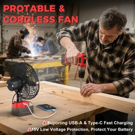 MtiolHig Battery Powered Fan Portable for Milwaukee 18V Max Battery, 21W 3000RPM Cordless Jobsite Fan with USB&Type-C Charging Port, Travel, Construction Site, Workshop, 8 in Enlarged Size, Tool Only