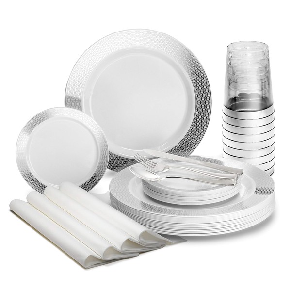 " OCCASIONS " 560pcs set (80 Guests)-Heavyweight Wedding Party Disposable Plastic Plate Set-80 x 10.5'' + 80 x 6.25'' + Silverware + Cups + Napkins (Diamond White & Silver)