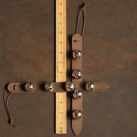 2 Pcs Small Hanging Sleigh Bell for Door knob,4 Jingle Bell on Genuine Leather Belt,Christmas Bells for Holiday Home Decor(Brown Belt)