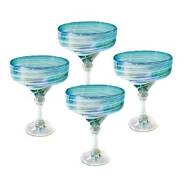 Margarita glasses - Mexican hand blown glass, set of 4, Aqua swirl