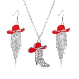 3PCS Western Boots Earrings Necklace Sets for Women Bohemian Cowgirl Cowboy Rodeo Hat Earrings Rhinestone Western Boots Necklace, Medium, Alloy Steel, No Gemstone