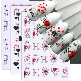 3D Geometric Line Heart Nail Stickers Valentine Nail Art Stickers for Nail Designs Black Red Hearts Valentines Nail Decals for Nail Art Supplies Heart Stickers for Nails Design Sticker Nails for Women