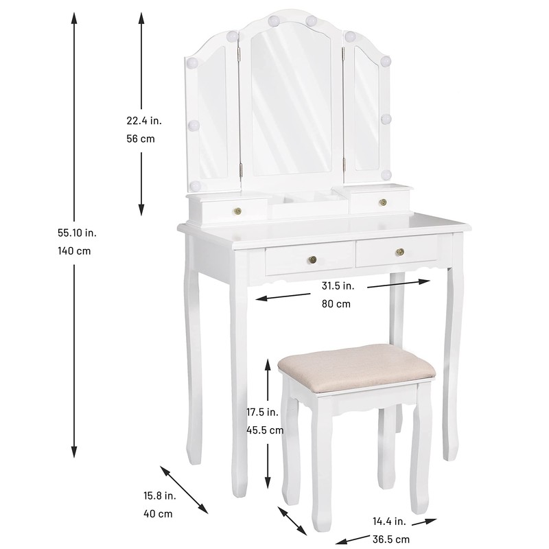 Caroeas Vanity, Tri-Fold Makeup Vanity with Mirror, Lights and Padded