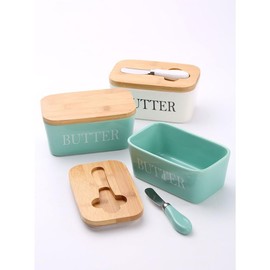 Domini Large Butter Dish,Ceramic Butter Dish with lid and knife, Butter Keeper Double Silicone Seals, Perfect for 2 Sticks of Butter,baby blue