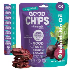 Baked Organic Beet Chips by GOOD CHIPS! 100% Natural, Oil Free, Only Two Ingredients: Organic Beets and Sea Salt. 1 oz Bags, Pack of 8