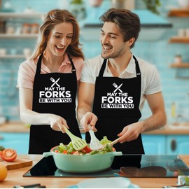 LINEN CLOSET® Bbq Apron for Men Funny Aprons Chef Grilling Novelty Barbecue Aprons Kitchen Cooking Gift Black Apron with 2 Pockets-May The Forks Be with You Apron