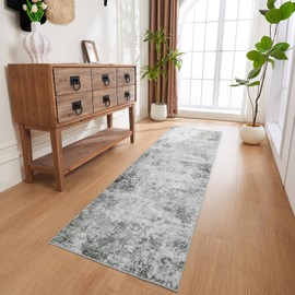 WITSHOCK Gray Abstract Washable 2x8 Hallway Runner Rug: Extra Long Runners for Kitchen, Bathroom, Stair, Non-Slip Floor Carpet Rugs for Large Entryway Indoor, Vintage Multi Ashen Floral Decor