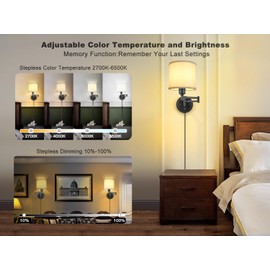 Plug in Wall Sconces with Remote Control, Dimming 10%-100% & Adjustable Colors 2700K-6500K, Hardwire or Plug-in, Swing Arm Wall Lamp with White Fabric Shade, Wall Sconces Set of Two, Black Finish