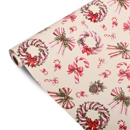 Vnaaem Christmas Bow Wrapping Paper Roll - Retro Christmas Garland & Bow, Candy Cane Design Brown Gift Wrap for Holiday Party Celebration Winter DIY Craft - 17 In X 20 Ft(Total 28.5sq.ft)