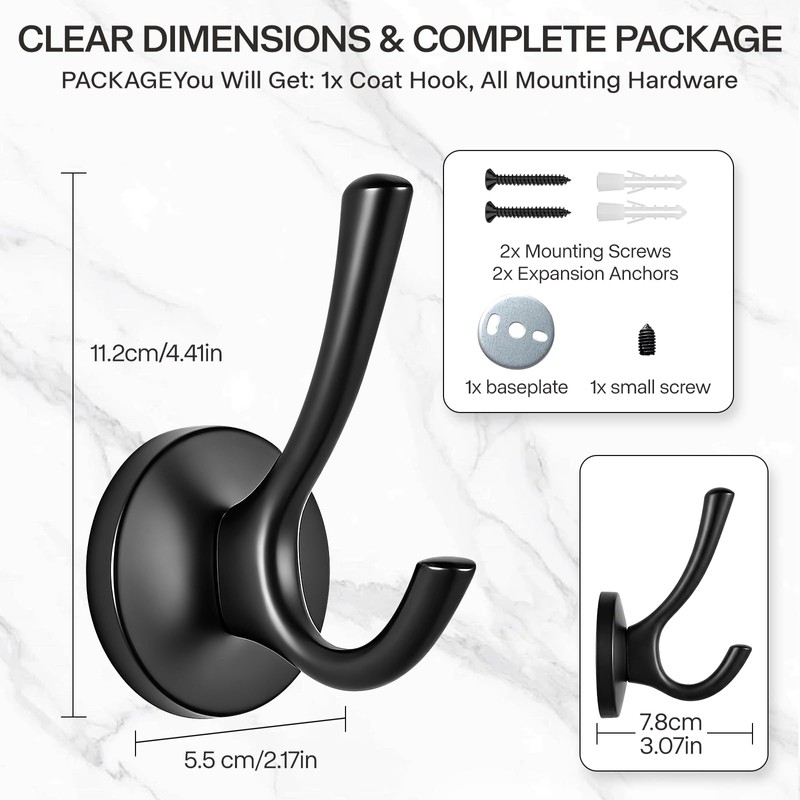 Ruiziiz Towel Hooks-Coat Robe Hooks-Heavy Duty Metal Double Bathrobe Hook-Black