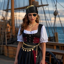 Pirate Accessories for Women Captain Pirate Costume Women with Head Scarf Sash Chain Belt Necklace Eye Patch Party Outfit