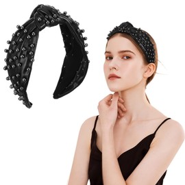 AHQiZFX 1PC Black Leather Pearl Knotted Headband for Women, Non Slip Beaded Headband Fashion Headpiece Wide Pearl Headbands Crystal Beaded Headwear Accessories for Women Girls
