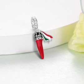 Cujiesp Italian Luck Charm - 925 Sterling Silver Red Italian Horn Charm Pendant, Cornicello Chili Pepper Dangling Bead