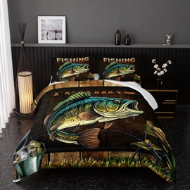 Nttopship Big Pike Fish Bedding, Bass Fishing Comforter Set Hunting and Fishing Brown Green Bedding Set Themed Comforter Set for Kids Boys Room Decor, Twin Bed in a Bag for Teens with 2 Pillowcases