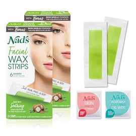 Nad's Tiras de cera facial, depilación facial para mujeres, kit de depilación con 48 tiras de cera facial + 8 toallitas de aceite calmante + polvo de 