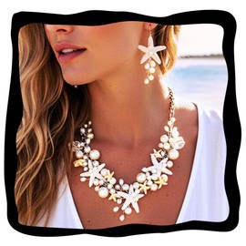 GORAIS Starfish Beach Wedding Jewelry Sets Silver Pearl Mermaid Necklace and Earrings Set for Women and Brides