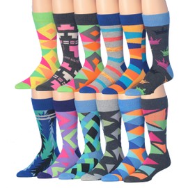 Tipi Toe Men's 12 Pairs Mystical Mosaic Shapes and Shades in Blue Violet Grey Black Green Soft Cotton Blend Colorful Funky Gift Box Dress Socks, CMC03-T1
