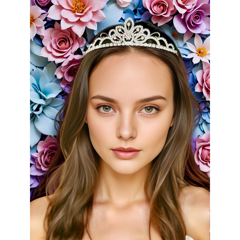 Fosrisix Flower-Shaped Gold Tiara Queen Sparkling Rhinestone Princess Crown for