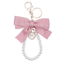 Pink Pearl Chain Bow Keychain Cute Keyring Purse Bag Accessories Charm for Women Girls Bow Ribbon Pearl Keyring Wristket Key Charms for Car Keys Key Chain Bracelet Pink Car Key Charm for Handbags
