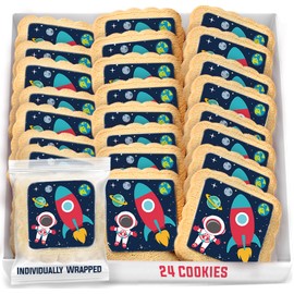 Space Themed Cookies Individually Wrapped Bulk | Outer Space Astronaut Planets Rocketship | Party Favors 24 Pack for Kids Birthday Party Decorated Sugar Cookies